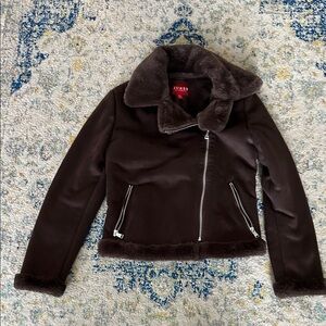 Guess Dark Brown Faux Suede Jacket with Faux Fur Trim